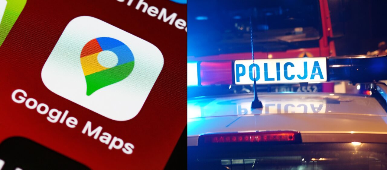 Ikona aplikacji "Google Maps" na ekranie smartfona po lewej stronie i napis "POLICJA" na dachu radiowozu na tle nocnego oświetlenia po prawej stronie.