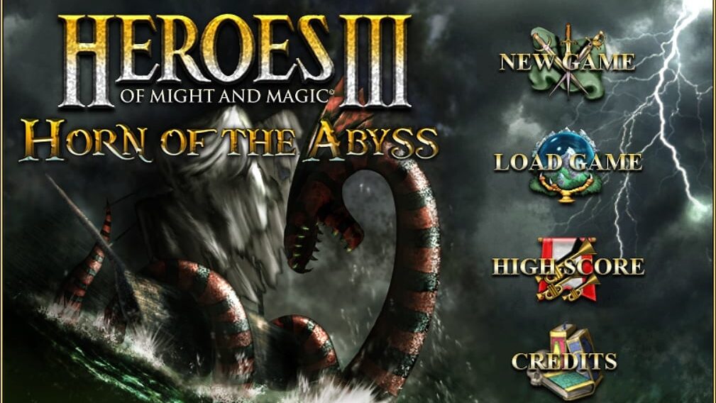Ekran startowy gry "Heroes III of Might and Magic: Horn of the Abyss", z opcjami "New Game", "Load Game", "Highscore" i "Credits". Na grafice widać mityczną istotę oraz symbolikę morską i błyskawice.