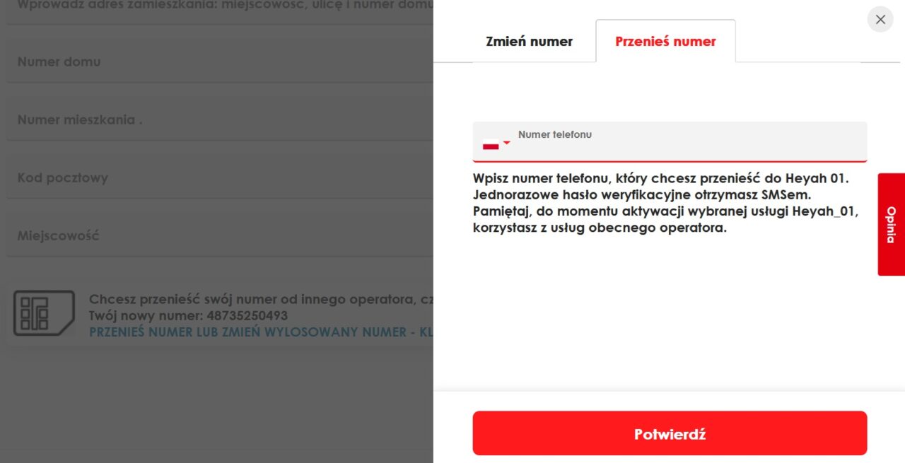 zrzut ekranu ze strony heyah.pl pokazujący proces przenoszenia numeru telefonu