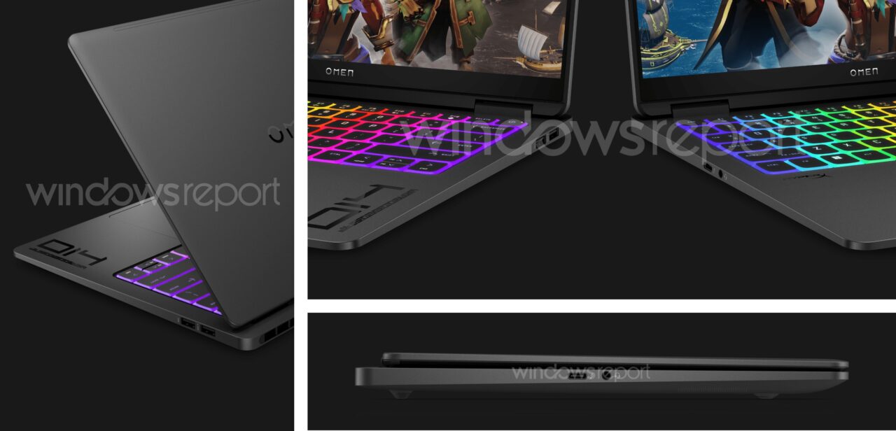 Laptop dla graczy marki OMEN z podświetlaną klawiaturą RGB, otwarty na trzy różne ujęcia, z góry, z boku i pod kątem.
