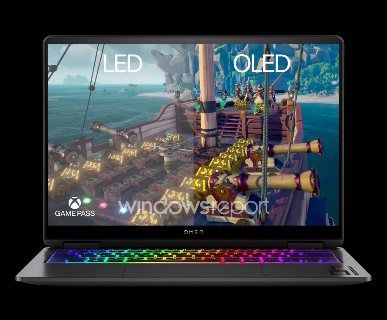 Laptop gamingowy marki OMEN z kolorową klawiaturą podświetlaną RGB, na ekranie wyświetlona jest grafika z gry wideo z napisami LED i OLED oraz logotypami Xbox Game Pass i Windowsreport.