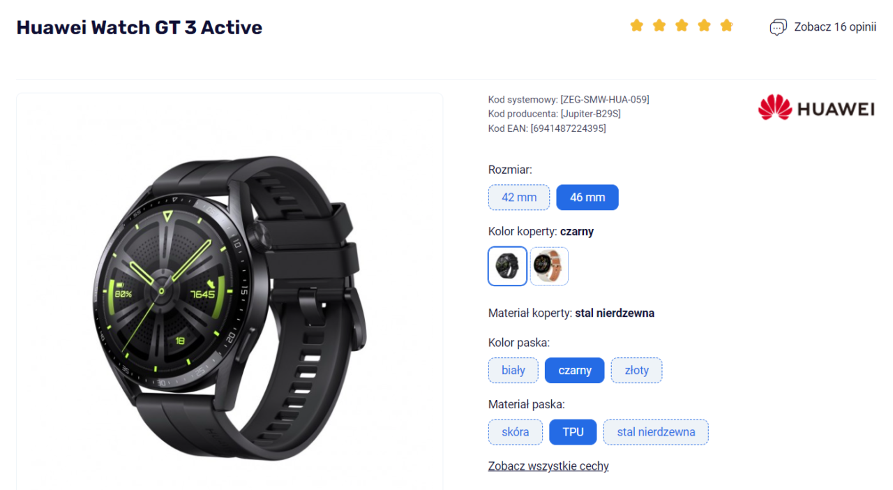 Czarny smartwatch Huawei Watch GT 3 Active z fluoroelastomerowym paskiem i tarczą wyświetlającą czas, poziom naładowania baterii i kroki na stronie sprzedaży internetowej, z wybranymi opcjami dotyczącymi rozmiaru koperty, koloru i materiału.
