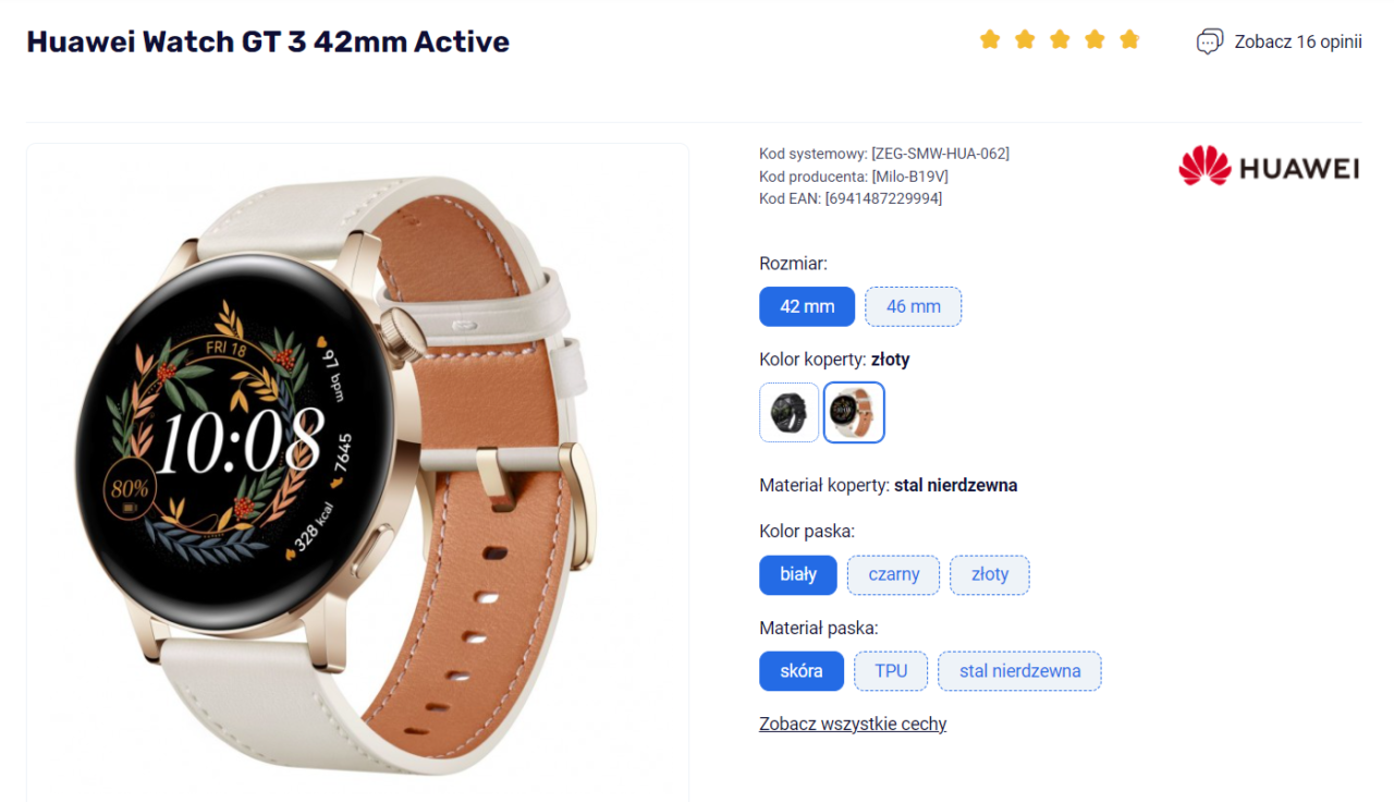 Złoty smartwatch Huawei Watch GT 3 42mm Active z białym paskiem ze skóry i czarnym cyferblatem z kolorowymi wskazówkami.