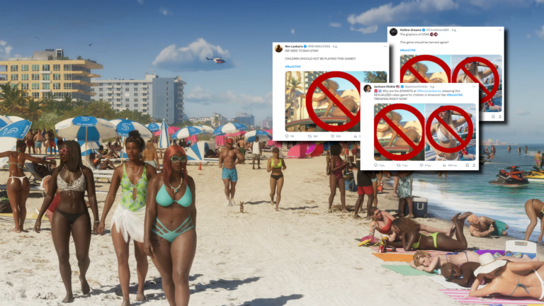 Scena na plaży w Vice City z GTA 6 z tłumem ludzi i parasolami, z overlayem imitującym interfejs mediów społecznościowych z postami krytykującymi grę video w ramch akcji #banGTA6