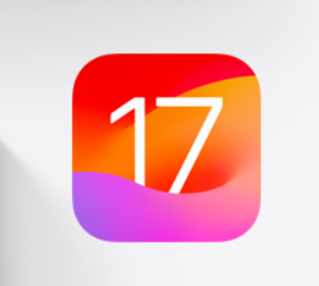 Ikona z numerem 17 na gradientowym tle od pomarańczowego do fioletowego. Logo systemu iOS 17.