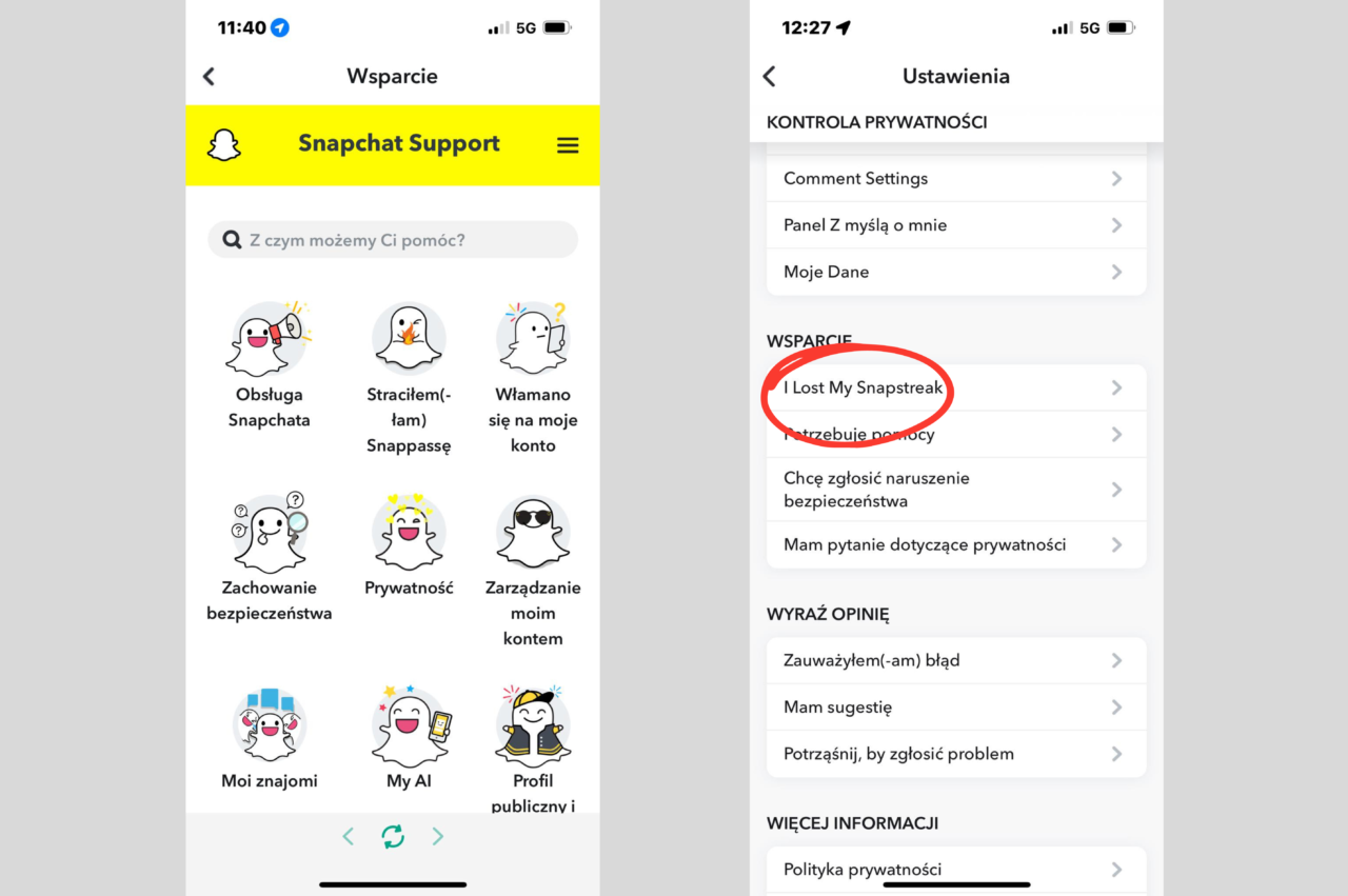 Zrzut ekranu interfejsu obsługi klienta Snapchat, pokazujący menu opcji wsparcia z ikonami i menu ustawień prywatności z zaznaczoną opcją jak odzyskać dni na Snapie
