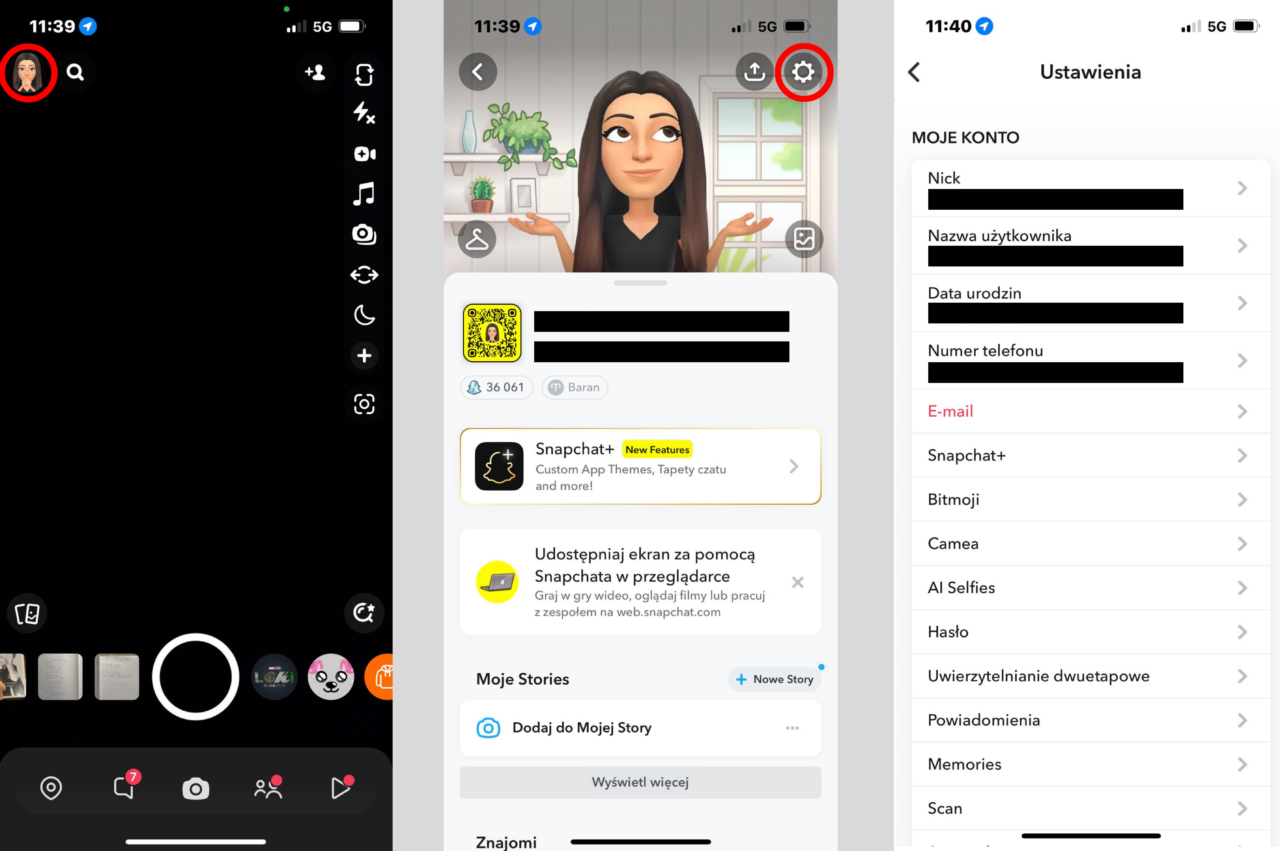 Zrzut ekranu interfejsu użytkownika aplikacji Snapchat: lewa strona z ikonami nawigacyjnymi oraz centrum i prawa strona pokazują profile użytkowników z awatarem Bitmoji, szczegółami konta i opcjami ustawień i jak odzyskać dni na Snapie