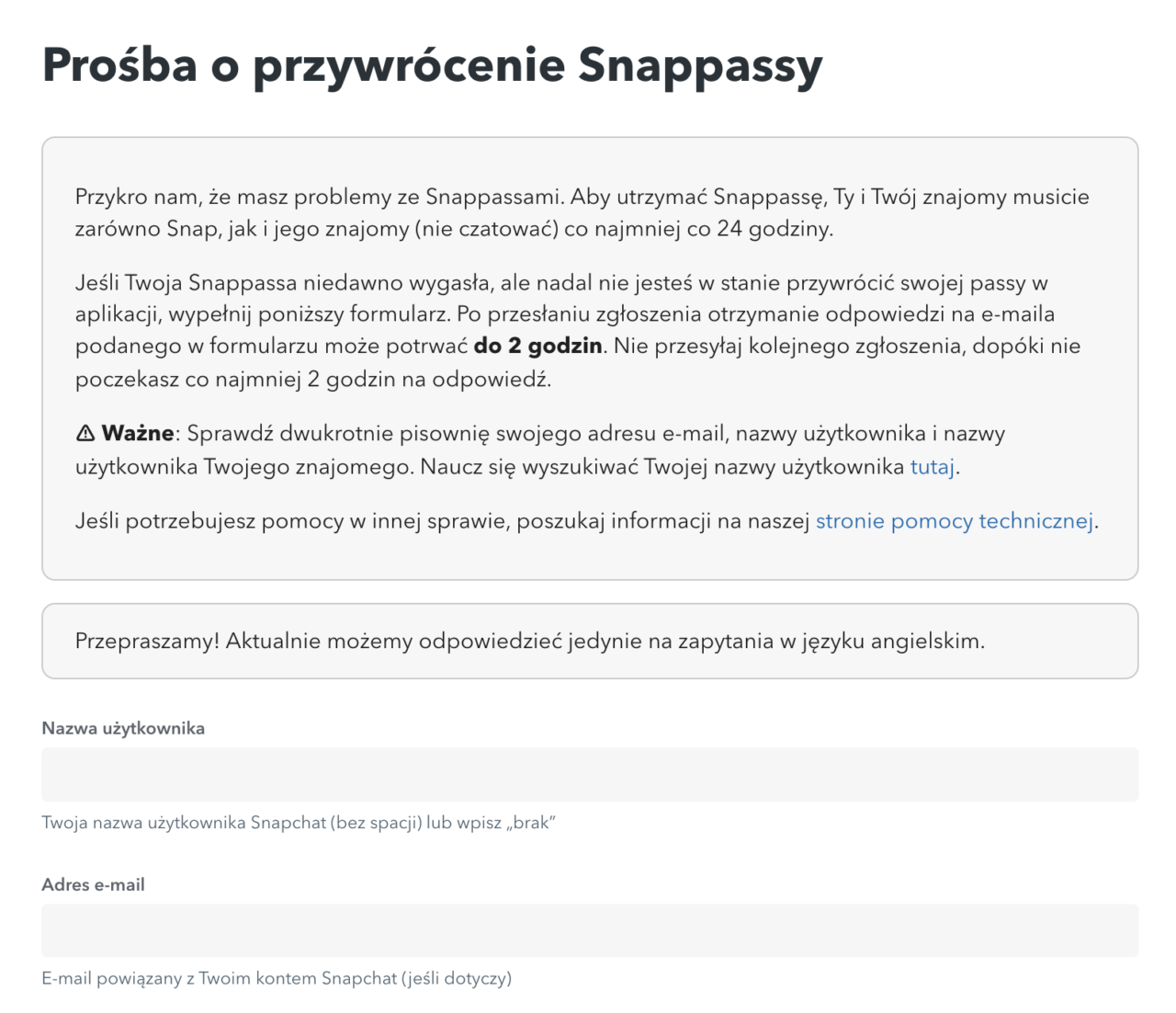 Informacja o prosbie o przywrócenie dostępu do Snapchata w języku polskim z formularzem kontaktowym do wypełnienia.