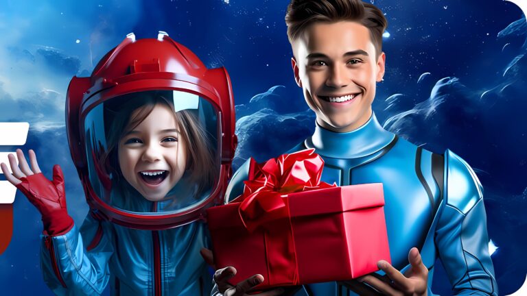 Młody mężczyzna w niebieskim kombinezonie kosmicznym trzymający czerwone pudełko gdzie znajdują się prezenty na gwiazdkę i uśmiechnięta dziewczynka w czerwonym hełmie astronauty na tle kosmosu.