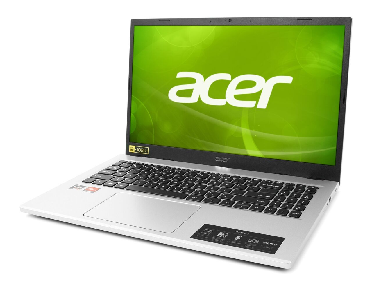 Laptop marki Acer z otwartą pokrywą i włączonym ekranem pokazującym logo firmy na zielonym tle w wysokiej rozdzielczości.