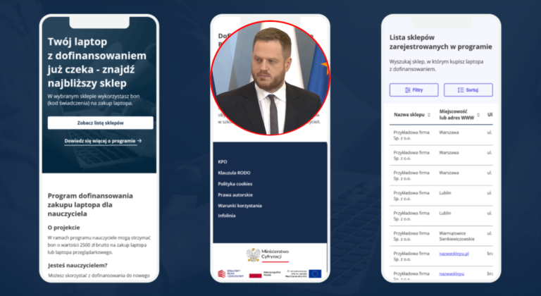 Zrzut ekranu z trzema oknami aplikacji mobilnej dotyczącej dofinansowania zakupu w programie "laptop dla nauczyciela", z wyróżnionym w okręgu portretem Janusza Cieszyńskiego w garniturze.