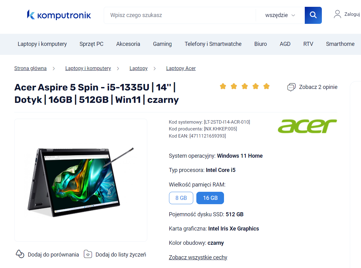 Laptop konwertowalny Acer Aspire 5 Spin z ekranem dotykowym oraz rysikiem, 16GB RAM, 512GB SSD, system Windows 11 Home, na stronie sklepu Komputronik.