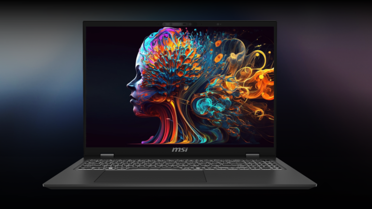 Laptop MSI z wyświetlonym abstrakcyjnym, kolorowym obrazem głowy profilu przekształcającego się w żywiołowe wizualizacje, na ciemnym tle.