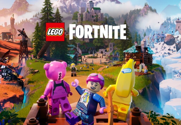 Grafika przedstawia postacie LEGO w stylu gry Fortnite z różnorodnym krajobrazem w tle.