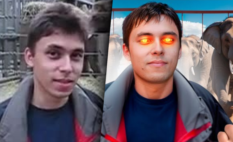 Dwa zdjęcia młodego mężczyzny: po lewej przy siatce z niewyraźnym tłem, po prawej z pomarańczowo świecącymi oczami, w tle grafika słoni z pierwszego filmu na YouTube.