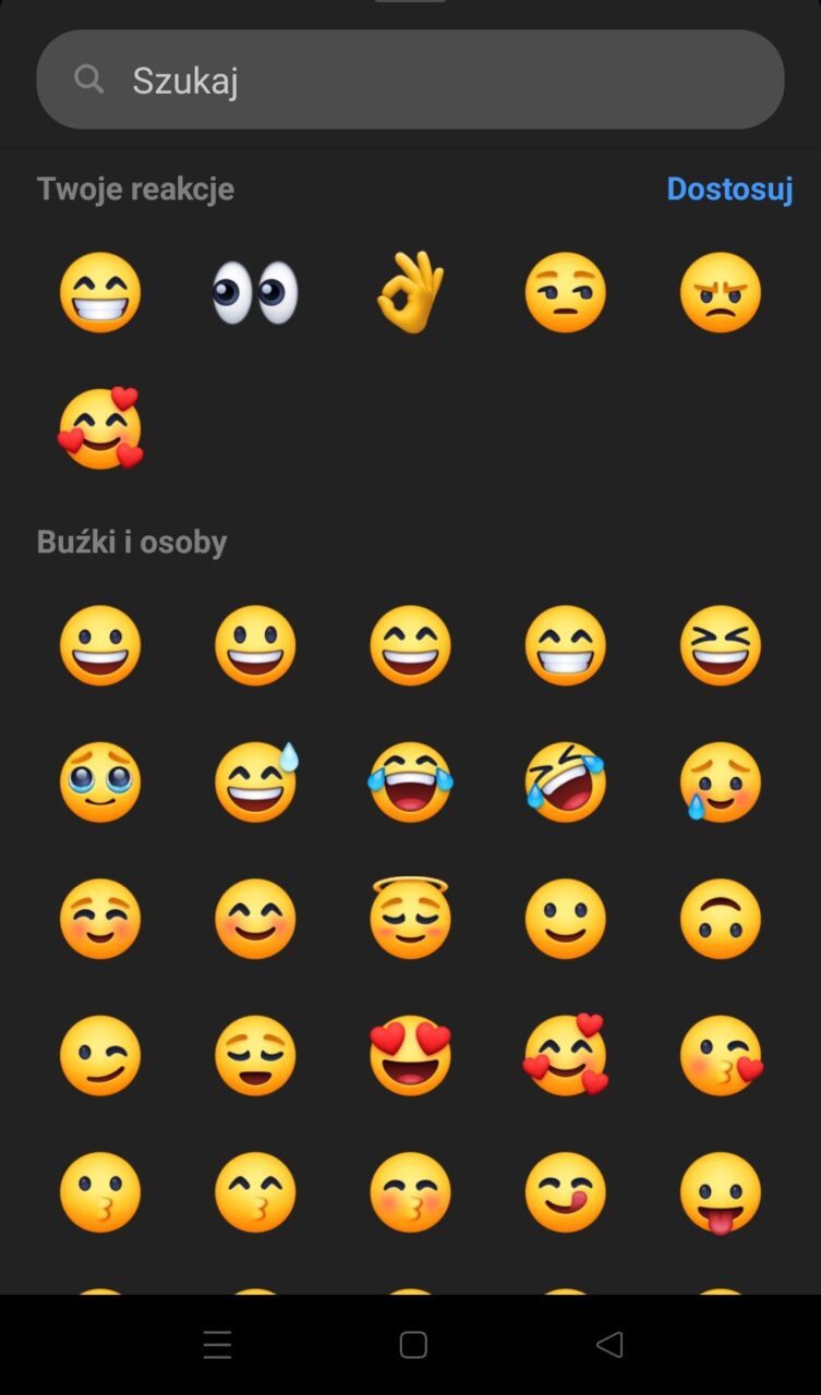 Zrzut ekranu interfejsu wyboru emoji w aplikacji Messenger z różnymi wyrazami twarzy i gestami, włącznie z tekstem "Twoje reakcje" oraz "Buźki i osoby".