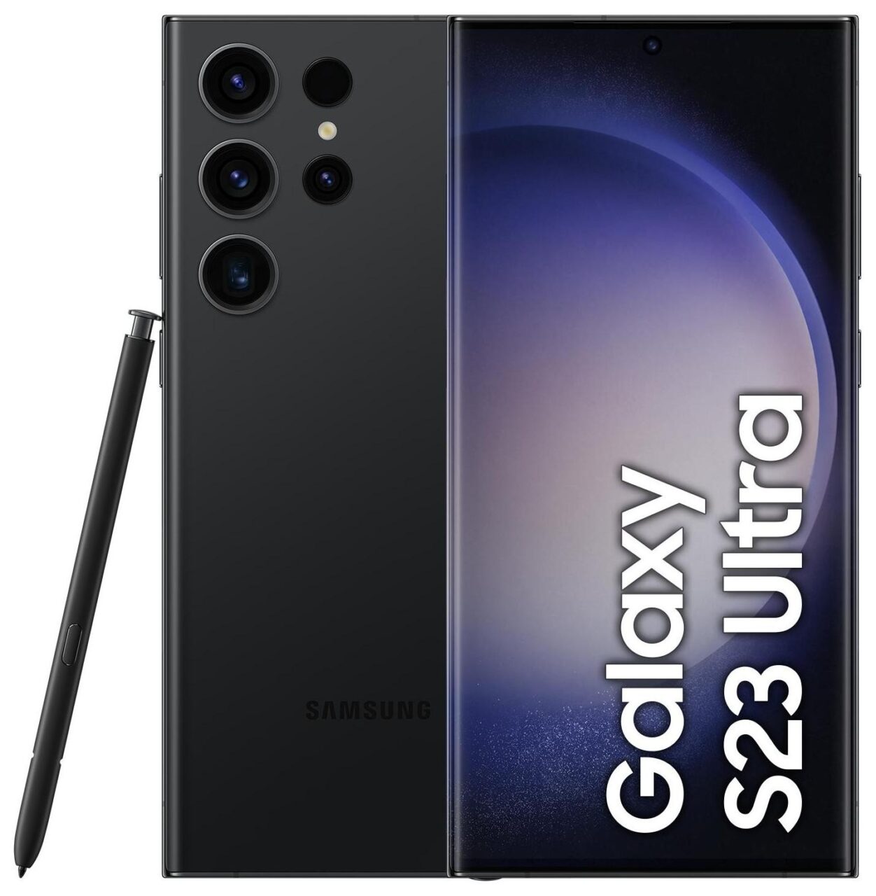 Czarny smartfon Samsung Galaxy S23 Ultra z piórem S Pen obok, przedstawiający pięć obiektywów aparatu z tyłu i ekran z nazwą modelu.