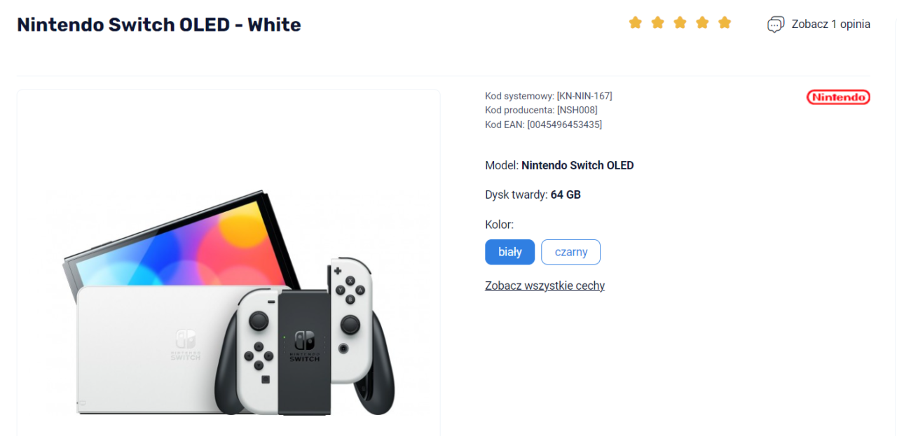 Konsola Nintendo Switch OLED w kolorze białym z widocznymi kolorowymi efektami na ekranie, odłączonymi kontrolerami Joy-Con i zaznaczoną opcją koloru obudowy na biały.