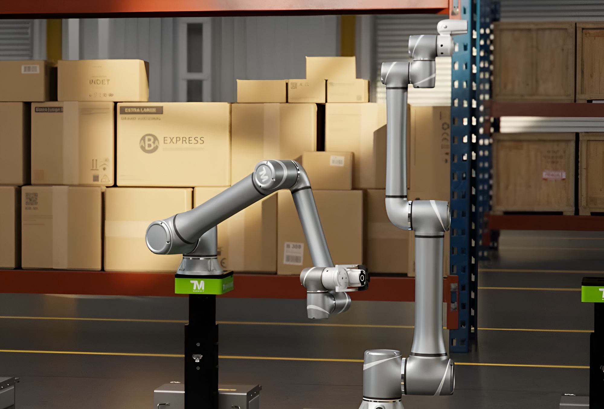 Robot przemysłowy typu ramię manipulacyjne w magazynie z półkami i stertami kartonów.