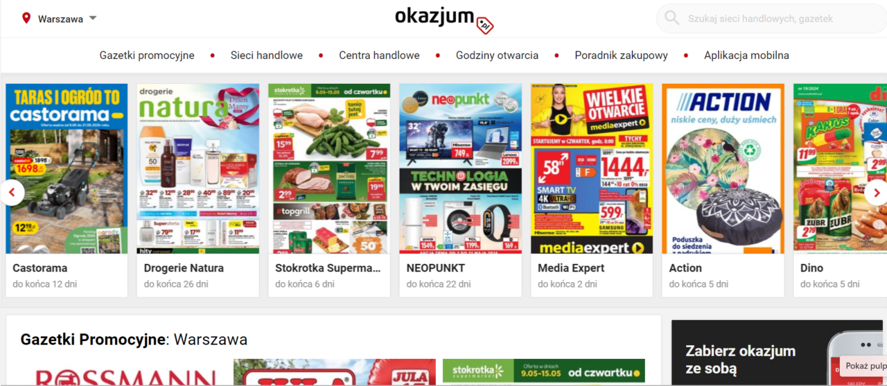 Strona internetowa Okazjum prezentująca różnorodne gazetki promocyjne od różnych sieci handlowych, w tym Castorama, Drogerie Natura, Stokrotka, NEOPUNKT, Media Expert i Dino, skierowane do klientów w Warszawie.