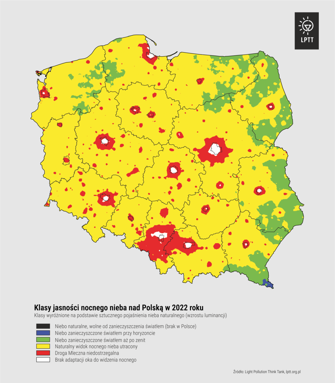 Mapa Polski prezentująca klasy jasności prezentujące nocne niebo w 2022 roku z zaznaczonymi różnymi stopniami zanieczyszczenia świetlnego, od naturalnego nieba po obszary, gdzie niebo nocne jest całkowicie utracone.