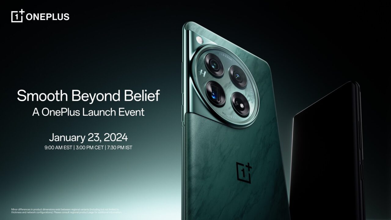 Reklama wydarzenia - globalna premiera OnePlus 12 z datą "23 stycznia 2024", ukazująca tylną część zielonego smartfona z potrójnym aparatem i logo marki, oraz rogiem przedniego ekranu w kolorze czarnym.