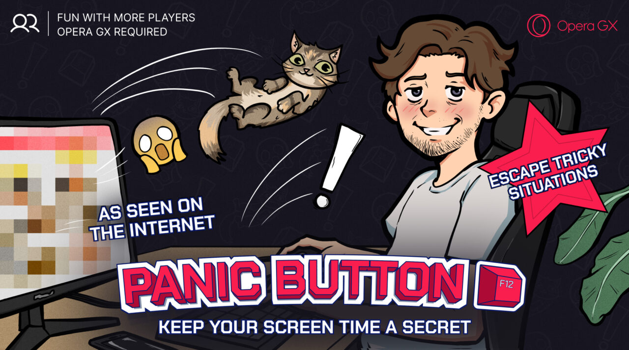 Ilustracja reklamująca funkcję "Panic Button" w przeglądarce Opera GX z kreskówkową postacią mężczyzny, przerażoną emotikoną, lecącym kotem i ekranem monitora. Na grafice widnieją hasła "FUN WITH MORE PLAYERS", "Opera GX Required", "ESCAPE TRICKY SITUATIONS" oraz "KEEP YOUR SCREEN TIME A SECRET".