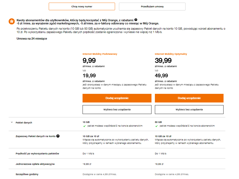 Opis strony z ofertami abonamentów internetowych mobilnych w Orange, z opcjami dla użytkowników usługi "Mój Orange", zawierający szczegóły cen, pakietów danych oraz zasady umowy.