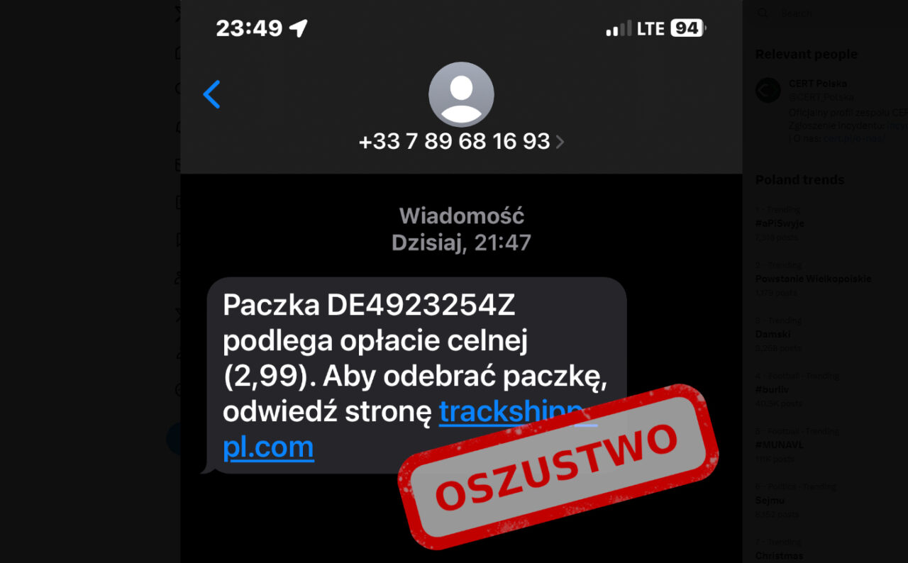 Zrzut ekranu komunikatora z oznaczoną jako oszustwo wiadomością SMS informującą o paczce podlegającej opłacie celnej z prośbą o odwiedzenie podejrzanej strony internetowej.