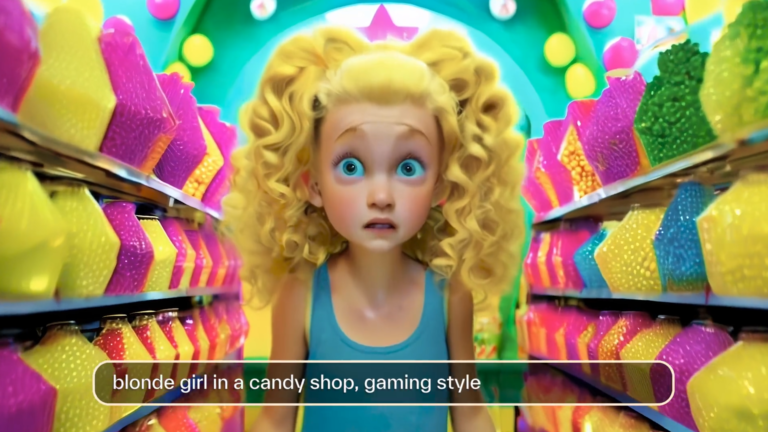 Blondynka o przerażonym wyrazie twarzy w sklepie z cukierkami o stylu przypominającym gry komputerowe.