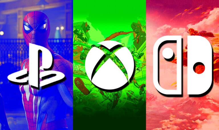Triptyk grafik przedstawiających symbole trzech głównych konsol do gier wideo: po lewej PlayStation z postacią Spider-Mana, w środku Xbox z motywem postaci z gier, po prawej Nintendo Switch z artystycznym tłem z czerwonym niebem.