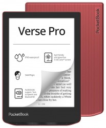 Czytnik e-booków PocketBook Verse Pro z wyświetlaczem i czerwoną obudową, na ekranie ikony funkcji takich jak: wodoodporność, wsparcie dla formatu audio oraz regulowany system oświetlenia.
