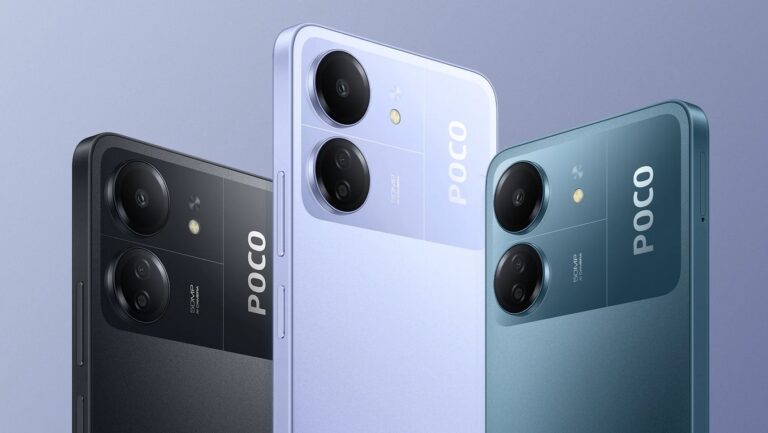 Trzy smartfony POCO C65 ułożone jeden za drugim, z tylnymi aparatami skierowanymi w stronę widza; modele w kolorach czarnym, białym i zielonym.