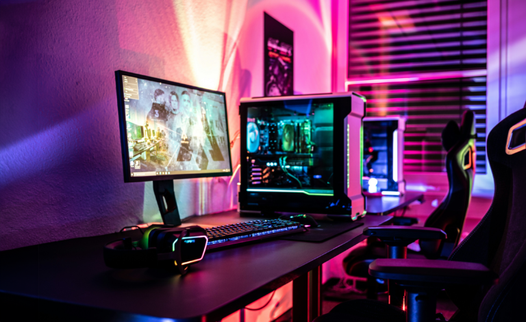 Zaawansowane stanowisko do gier z dwoma monitorami, klawiaturą, myszką i słuchawkami na biurku oraz gamingowym fotelem i oświetleniem LED w tle.