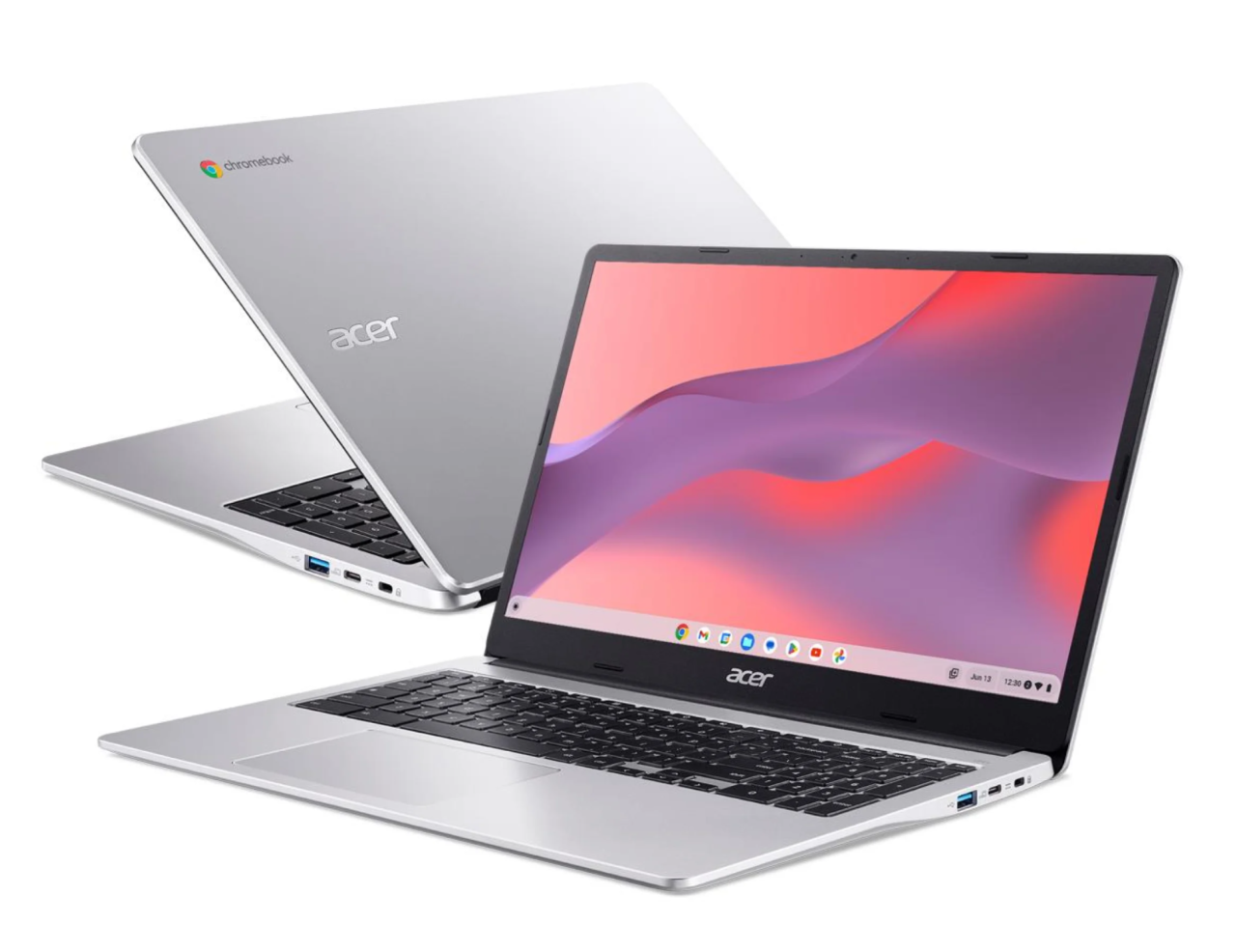 Dwa srebrne laptopy Acer Chromebook w pozycji otwartej z widokiem na ekrany i klawiatury.