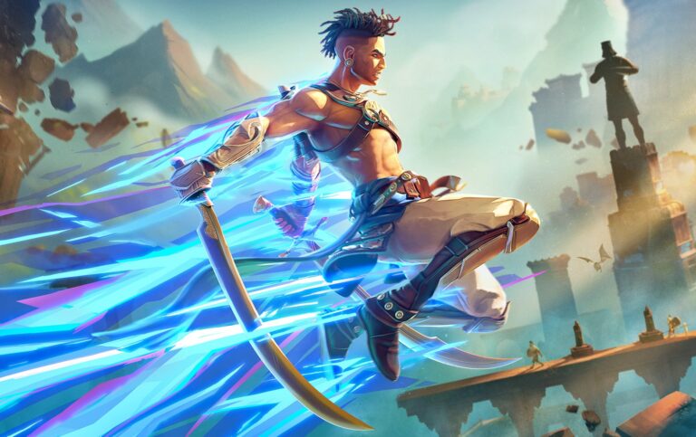 Animowany bohater gry Prince of Persia: The Lost Crown z dwoma mieczami unosi się w powietrzu na tle antycznych ruin i posągów, emanując energią w tonacji niebiesko-białej.