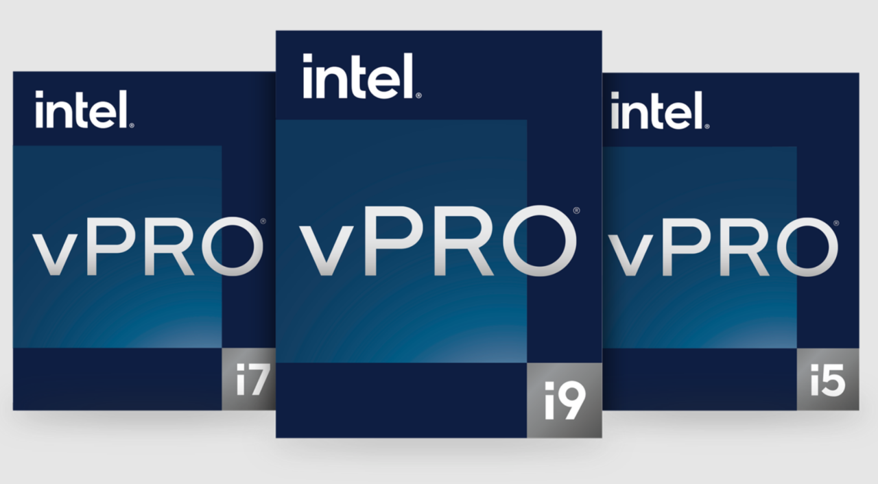Trzy pudełka z logo firmy Intel i napisem vPRO, oznakowane odpowiednio jako i7, i9, i5.