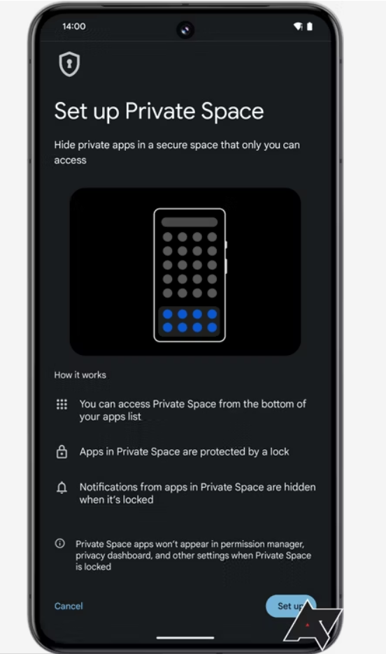 Ekran smartfona z otwartym menu konfiguracji prywatnej przestrzeni (Set up Private Space) przedstawiający informacje o funkcji i przyciski "Cancel" oraz "Set up".