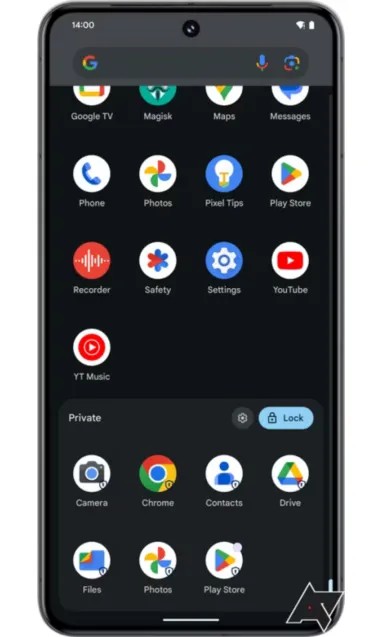 Ekran smartfona wyświetlający interfejs użytkownika z ikonami aplikacji takimi jak Google TV, Mapy, Wiadomości i YouTube, a także oddzielną sekcję "Prywatne" z zablokowanymi aplikacjami.