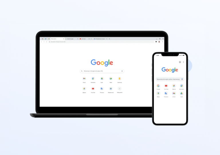 Strona główna wyszukiwarki Google wyświetlana na ekranie laptopa oraz smartfona.