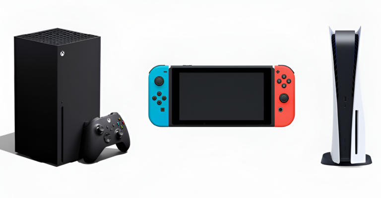 Trzy konsole do gier w rzędzie na białym tle: po lewej konsola Xbox z czarnym kontrolerem, po środku kolorowa konsola Nintendo Switch, po prawej konsola PlayStation 5 z białą obudową.