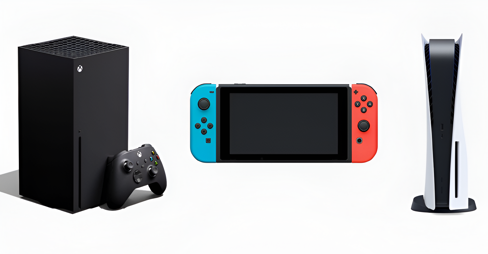 Trzy konsole do gier w rzędzie na białym tle: po lewej konsola Xbox z czarnym kontrolerem, po środku kolorowa konsola Nintendo Switch, po prawej konsola PlayStation 5 z białą obudową.