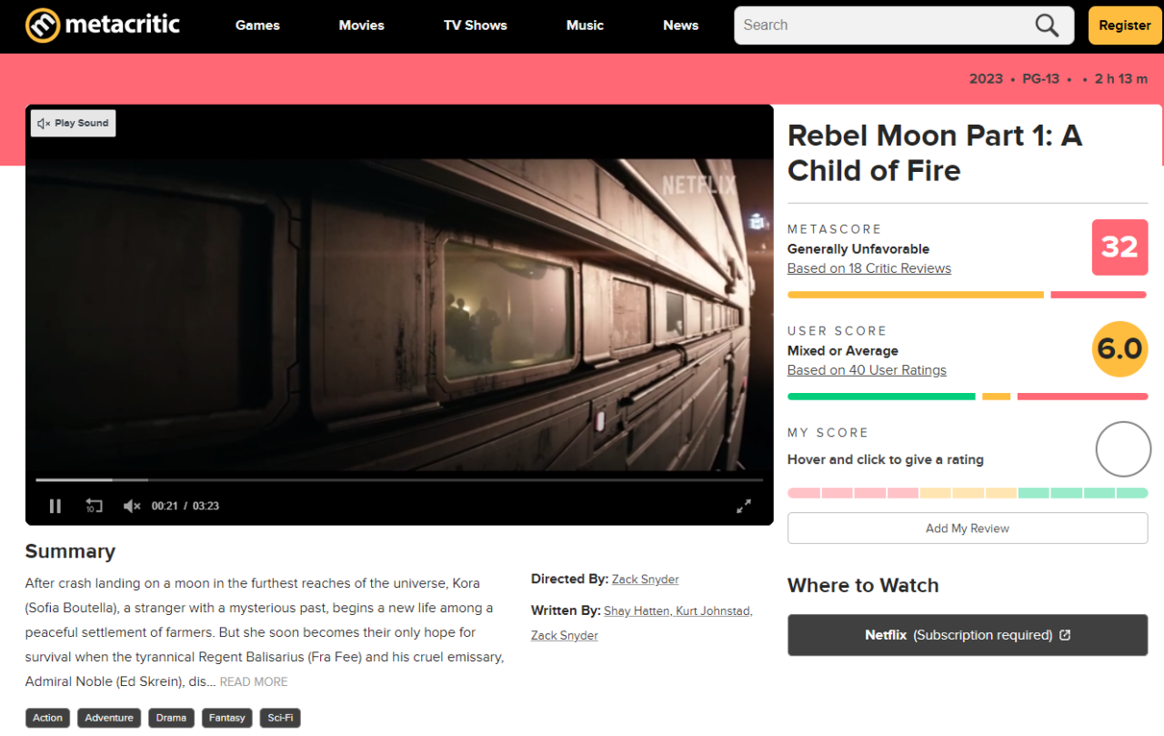 Zrzut ekranu strony Metacritic z oceną filmu "Rebel Moon Part 1: A Child of Fire", pokazujący metascore 32 na czerwonym tle i użytkownika score 6.0 na żółtym tle, oraz miniaturę zwiastuna filmu z widokiem na zewnętrzną część pociągu kosmicznego z logo Netflix.