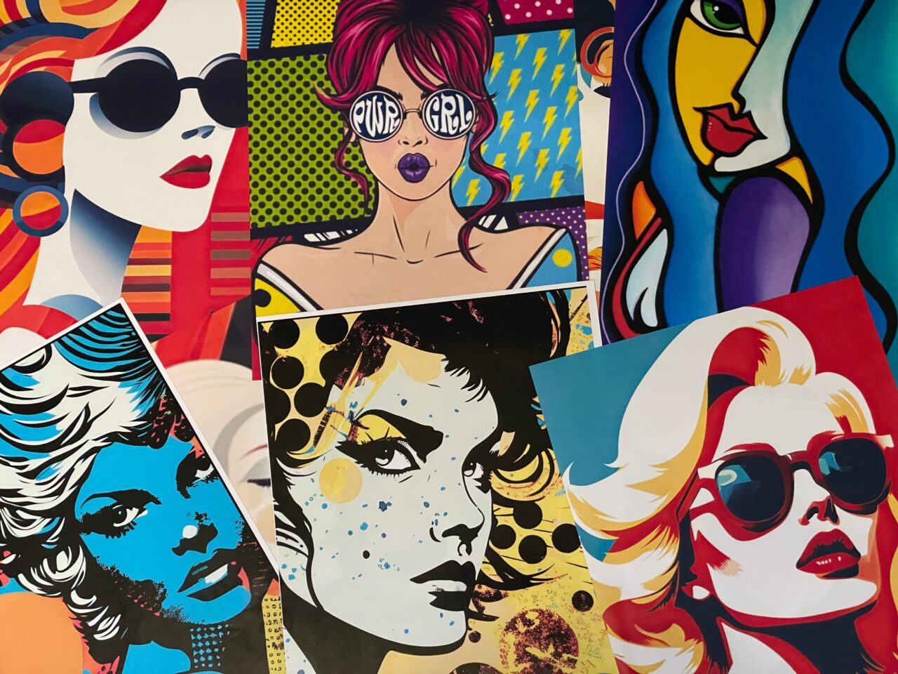 Kolaż grafik przedstawiających stylizowane portrety kobiet w estetyce pop-artu, z akcentami kolorystycznymi i charakterystycznymi dla tego stylu elementami, takimi jak kropki Bendaya i żywe barwy.