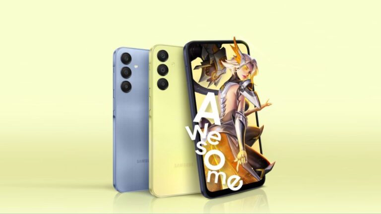 Dwa smartfony Samsung znajdujące się obok siebie na żółtym tle, jeden widoczny tyłem i drugi przodem z grafiką postaci z animacji i napisem "Awesome" na ekranie.