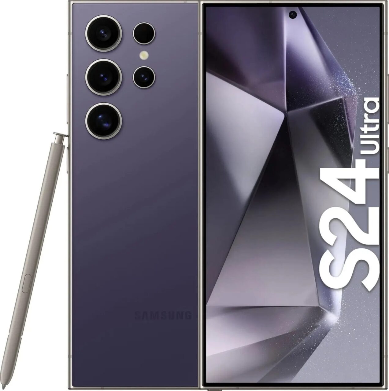 Smartfon Samsung S24 Ultra w kolorze grafitowym z pięcioma aparatami na tylnej stronie oraz rysikiem S Pen, prezentowany z przodu i z tyłu.