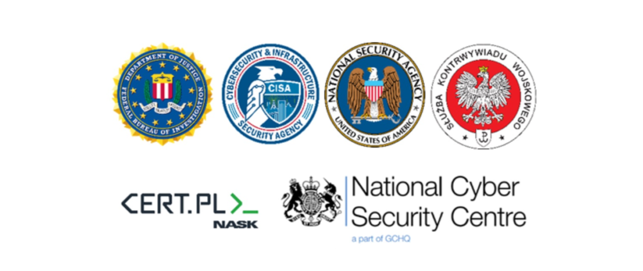 Logotypy różnych agencji zajmujących się cyberbezpieczeństwem, w tym FBI, CISA, NSA, polskiego CERT.PL i NASK, oraz Brytyjskiego National Cyber Security Centre. Brakuje logo rosyjskiego SVR.

