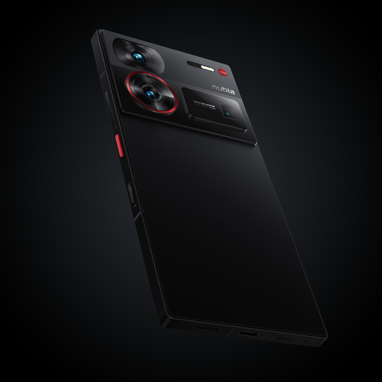 Tylna część czarnego smartfona nubia Z60 Ultra na czarnym tle