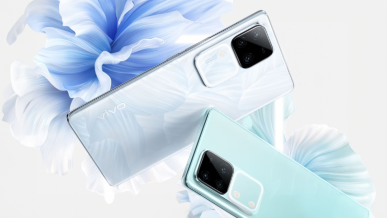 Dwa smartfony marki Vivo, jeden koloru białego i drugi błękitnego, położone na tle grafiki przedstawiającej kwiaty.