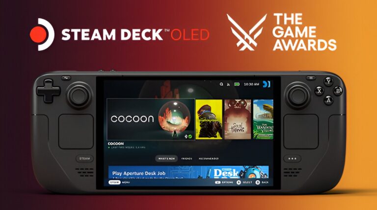 Przenośna konsola do gier Steam Deck OLED umieszczona przed czerwono-pomarańczowym tłem z logo "Steam Deck OLED" i "THE GAME AWARDS" po prawej stronie.